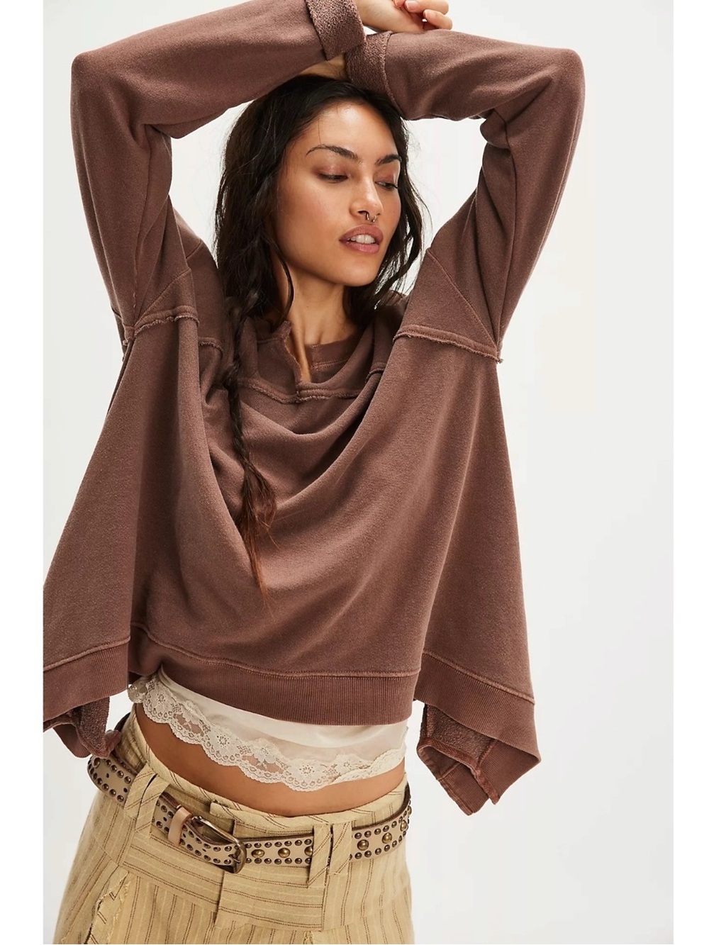 Free People Bohemian Billowy Handkerchief Hem Cascade Sweatshirt Brown Large NWT